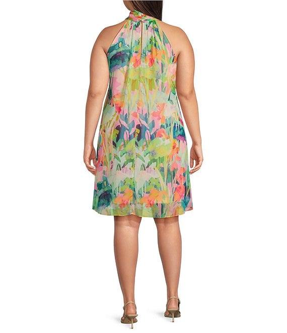 Adrianna Papell Plus Size Mock Neck Abstract Floral Chiffon Shift Dress Product Image