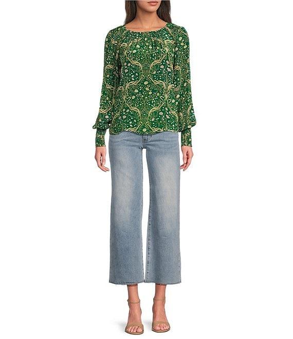 APNY Woven Printed Crew Neck Long Sleeve Smocked Cuff Blouse Product Image