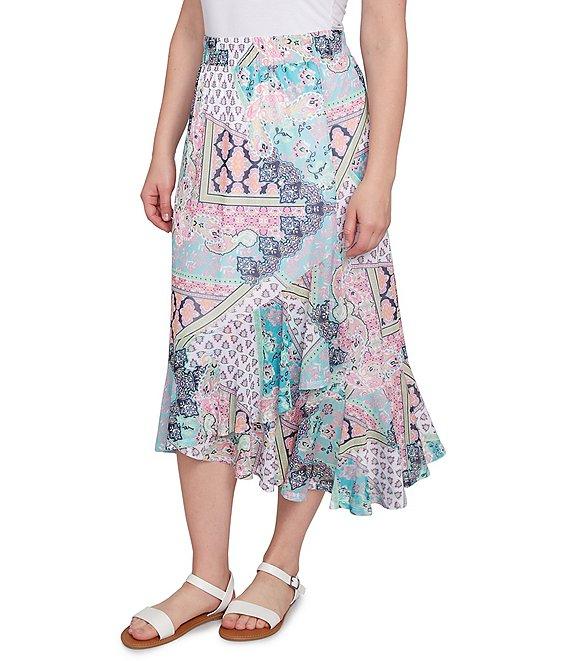 Ruby Rd. Lightweight Mesh Paisley Patchwork Asymmetric Ruffle Hem Pull-On Midi Flowy Skirt Product Image