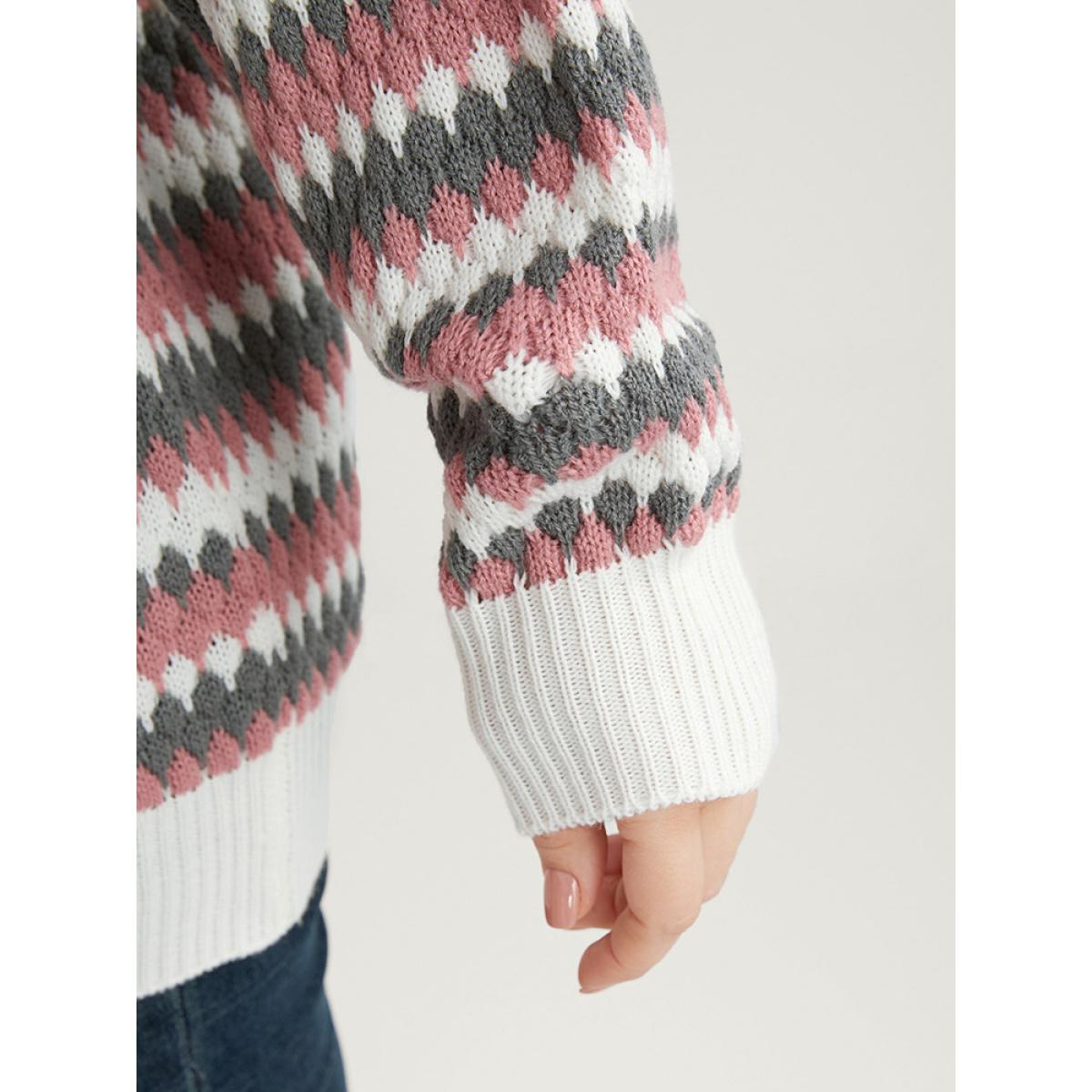 Plus Size Striped Contrast Pointelle Knit Round Neck Loose Knit Top Multicolor Women Casual Loose Long Sleeve Round Neck Dailywear Pullovers BloomChic 14-16/1X Product Image