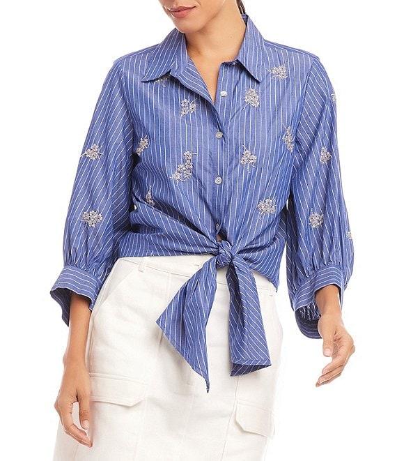 Karen Kane Floral Embroidered Pinstripe Point Collar 3/4 Blouson Sleeve Tie Front Top Product Image