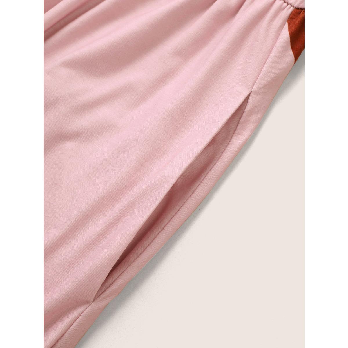 Plus Size Lip Print Elastic Waist Belted Gathered Dress Pink Women Casual Gathered Square Neck Short sleeve Curvy Midi Dress BloomChic 10/M Product Image