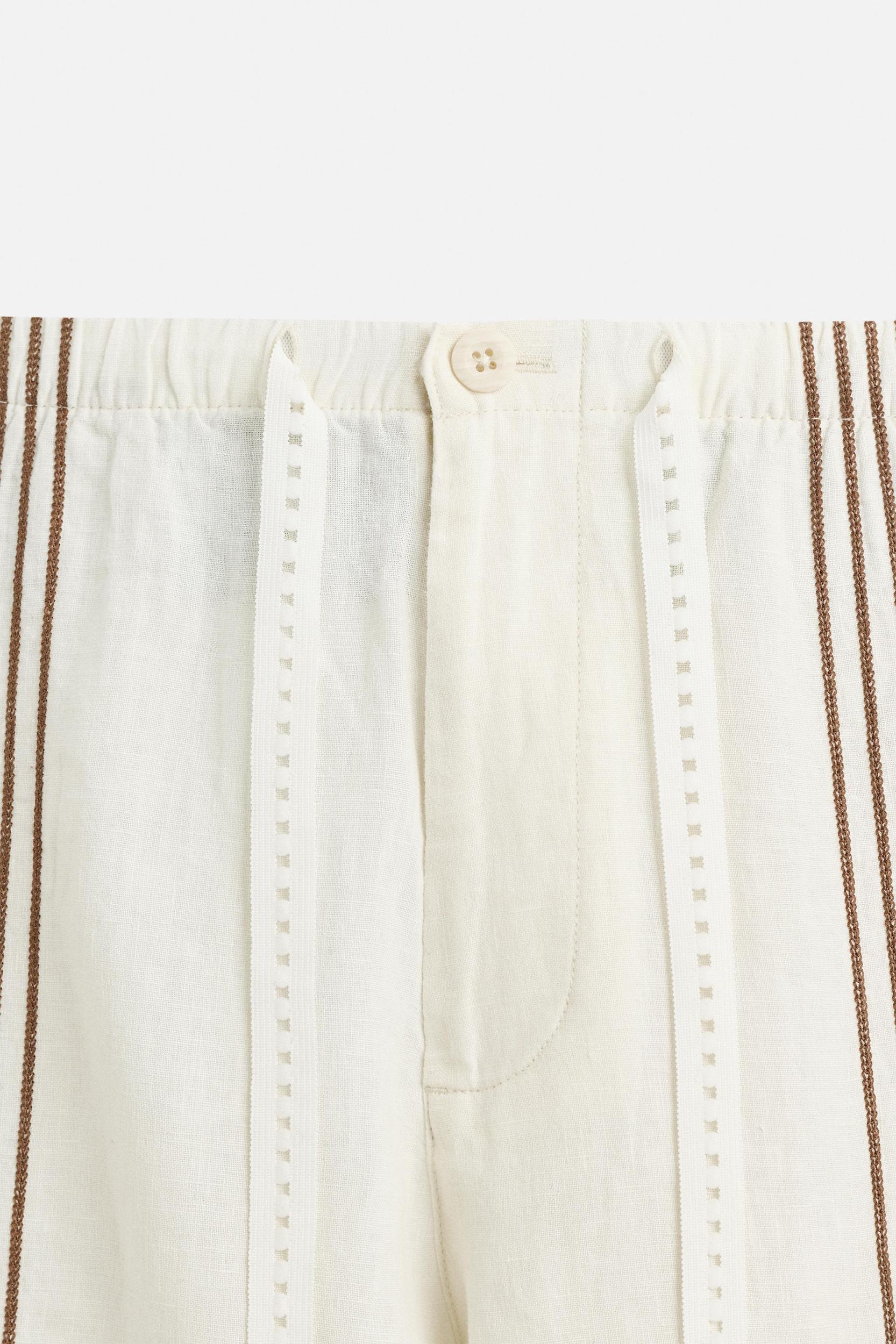 100% LINEN EMBROIDERED PANTS Product Image