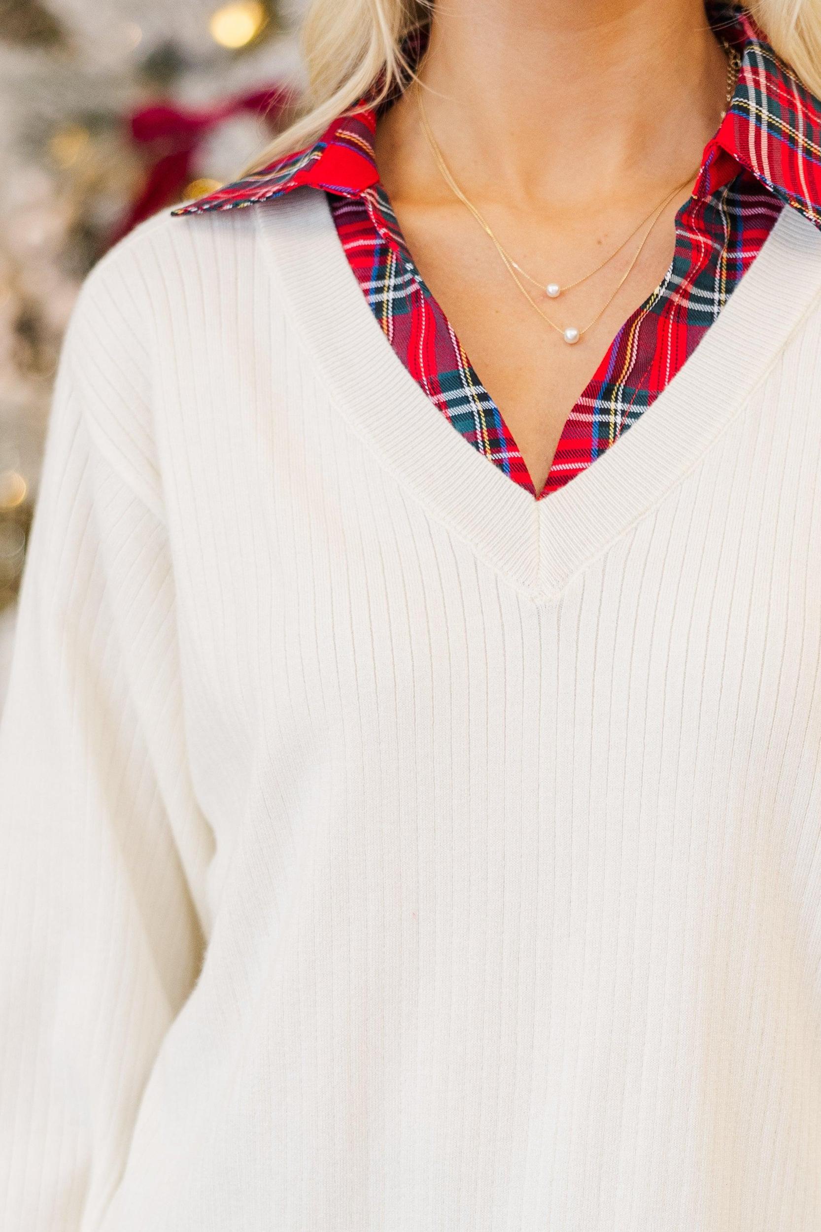 Eyes On You Cream and Plaid Sweater Female Product Image