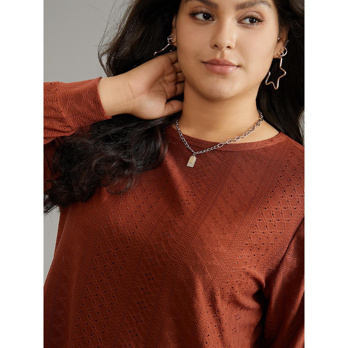 Plus Size Solid Crew Neck Broderie Anglaise T-shirt OrangeRed Women Casual Texture Plain Round Neck Dailywear T-shirts BloomChic 14-16/1X Product Image