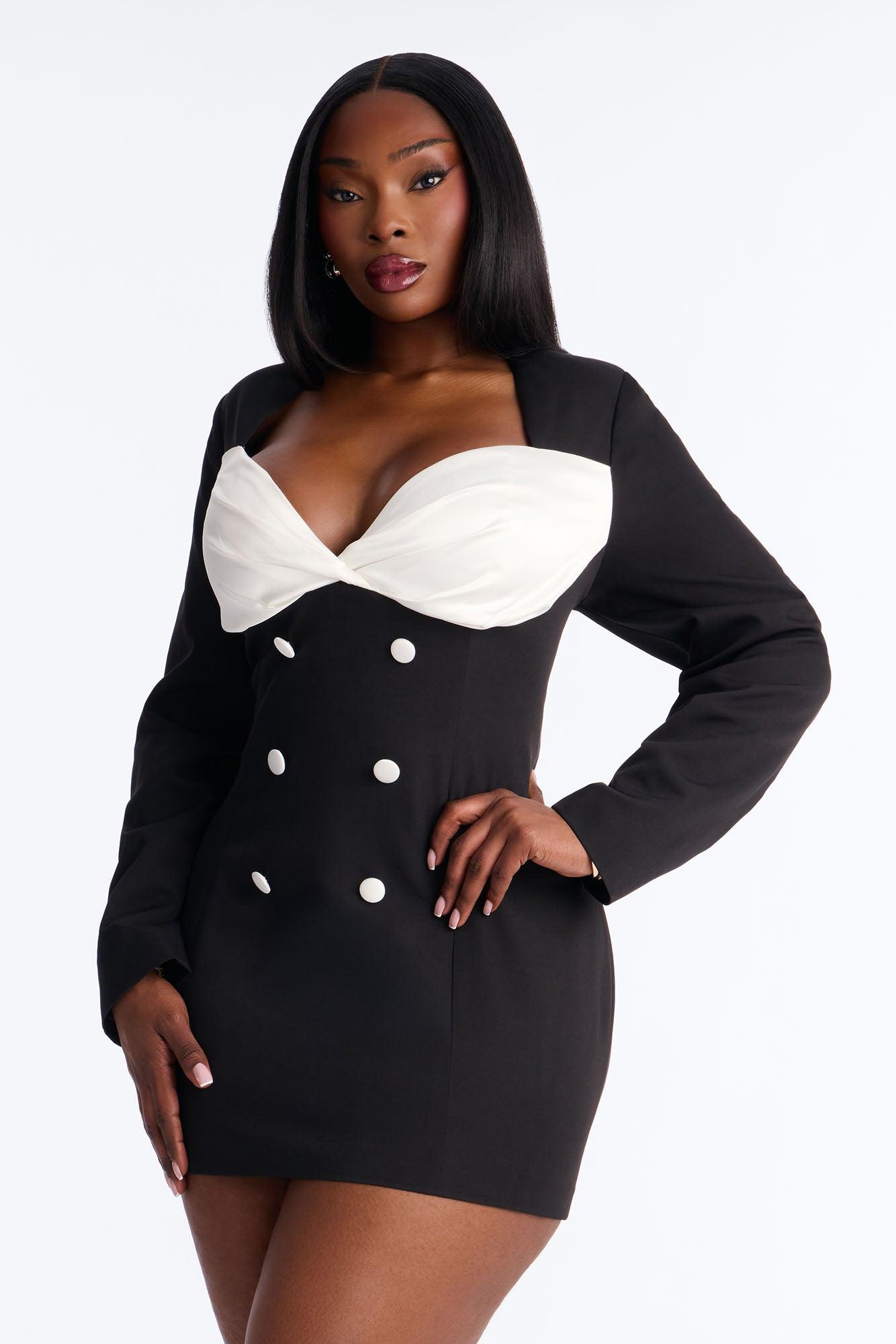 Sweetheart Long Sleeve Mini Dress - Black/White Female Product Image