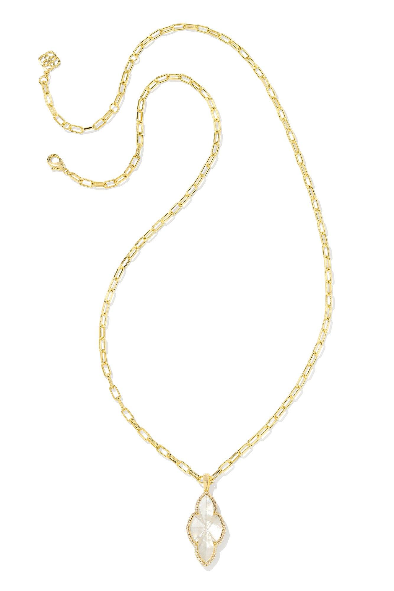Abbie Gold Pave Frame Large Long Pendant Necklace Ivory Mother Of Pearl Product Image