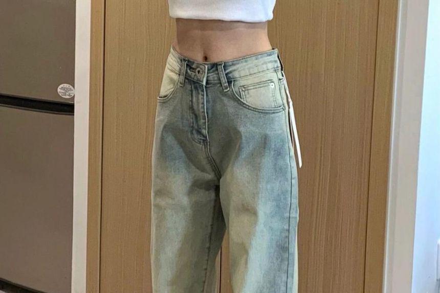 Mid Waist Washed Loose Fit Jeans Product Image