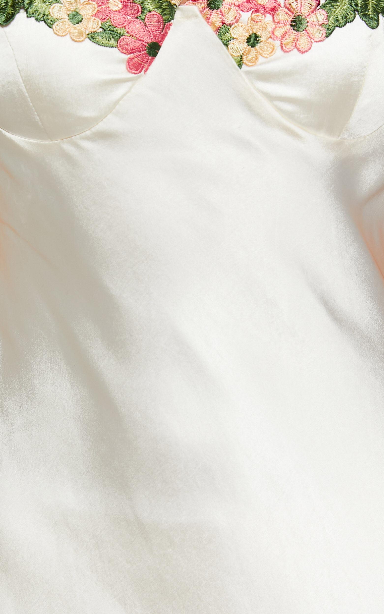 Harmony Midi Dress - Floral Detail Cup Bust Satin Dress in White Product Image