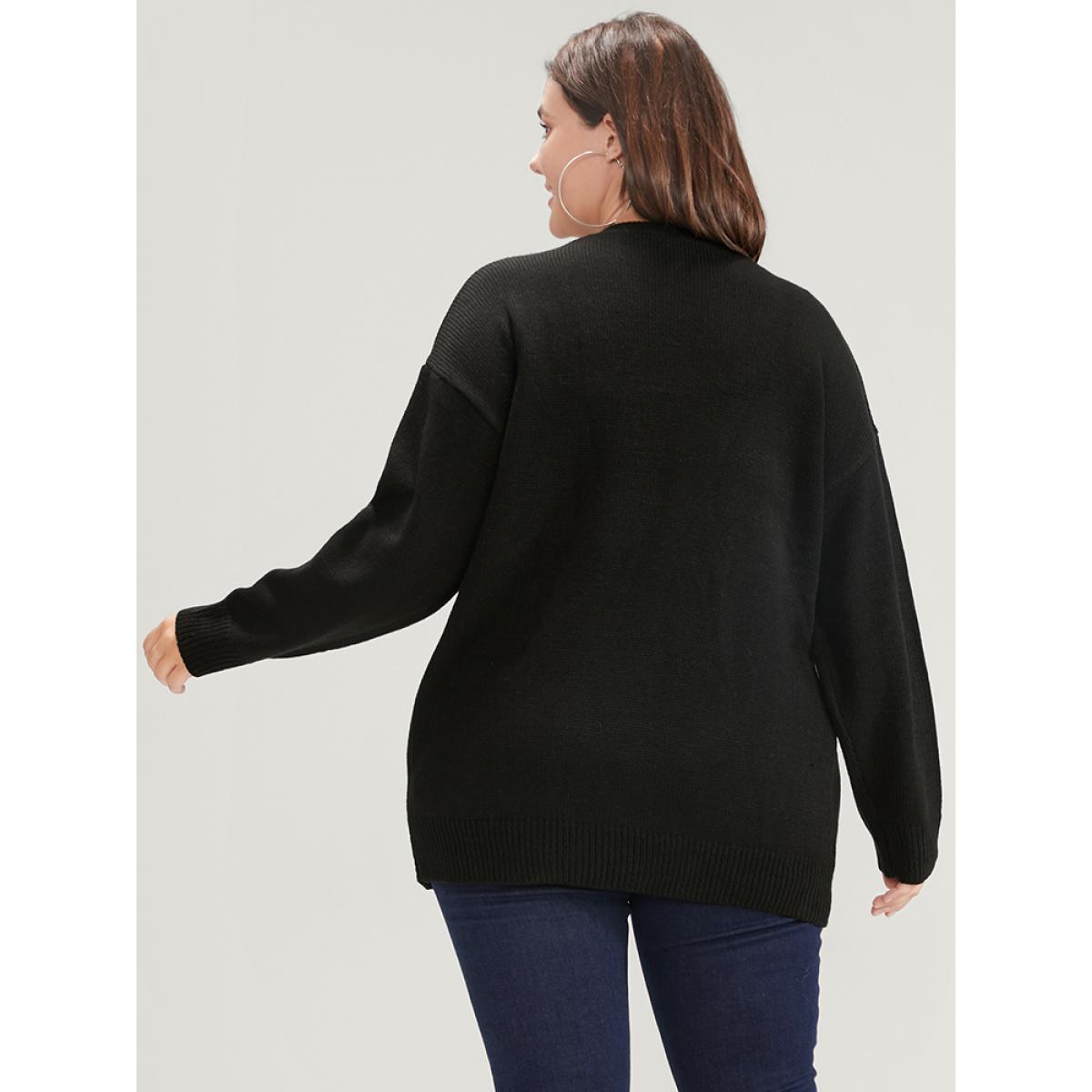 Plus Size Floral Embroidered Pointelle Knit Pocket Button Front Cardigan Black Women Elegant Long Sleeve Dailywear Cardigans BloomChic 18-20/2X Product Image