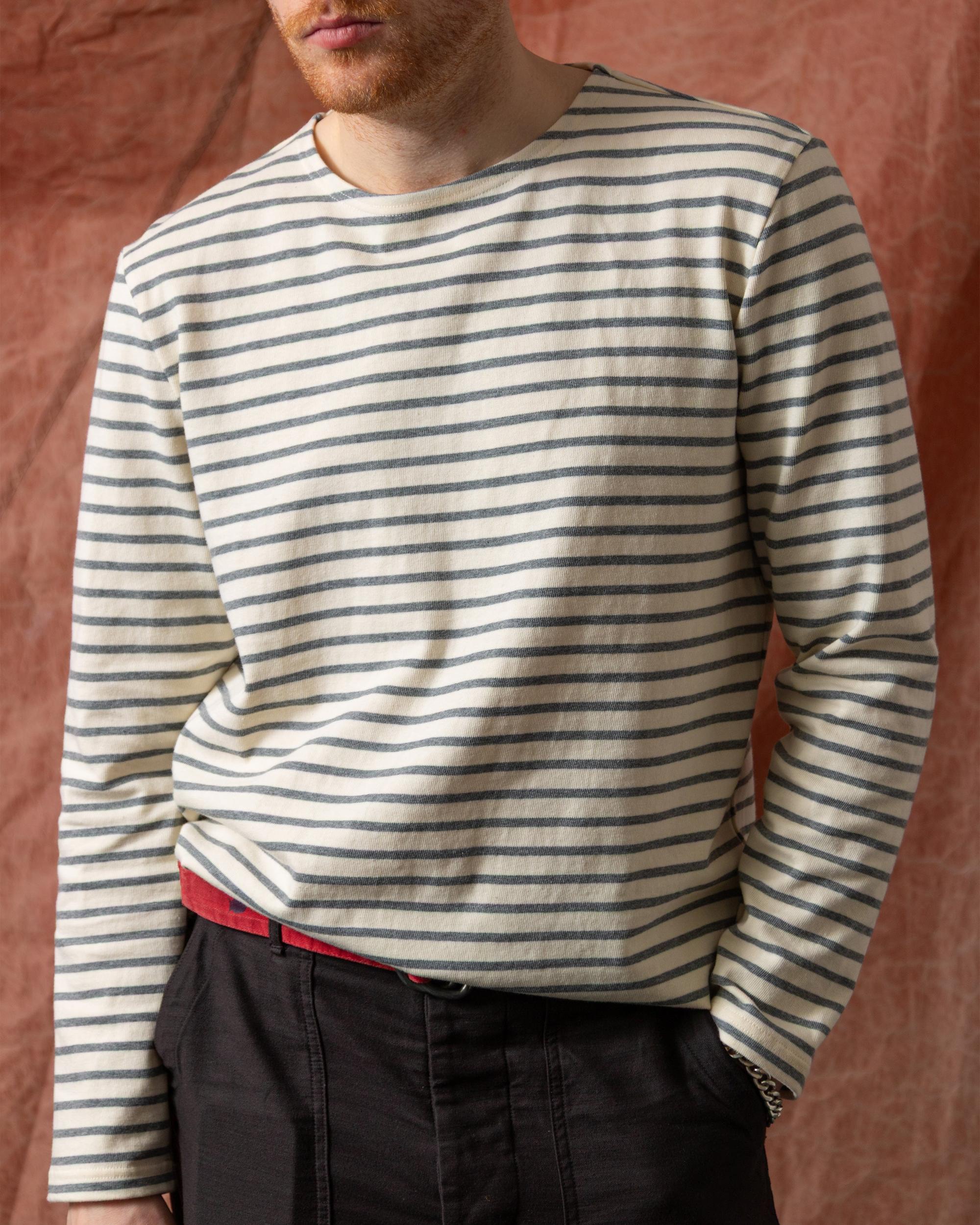 Men’s Breton Stripe Boatneck Tee in Off White/Heather Grey Product Image