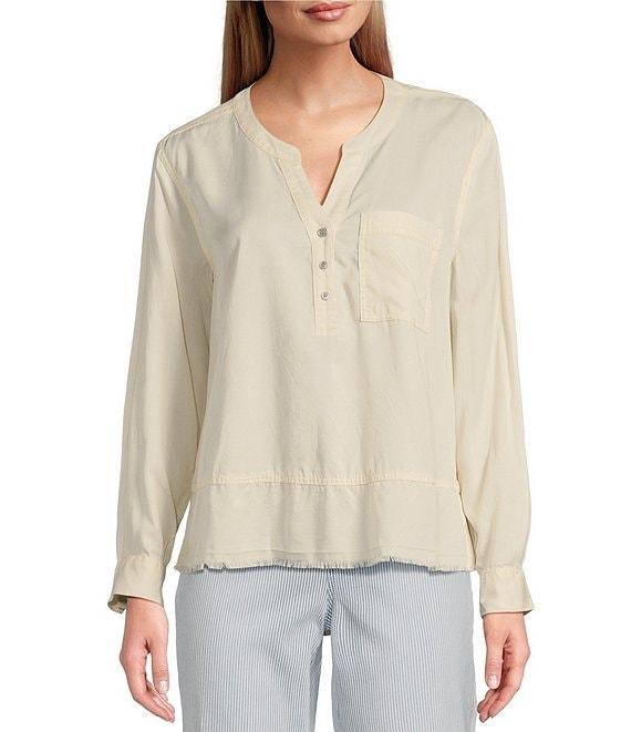 Westbound Petite Size Woven Long Roll-Tab Sleeve Henley Top Product Image