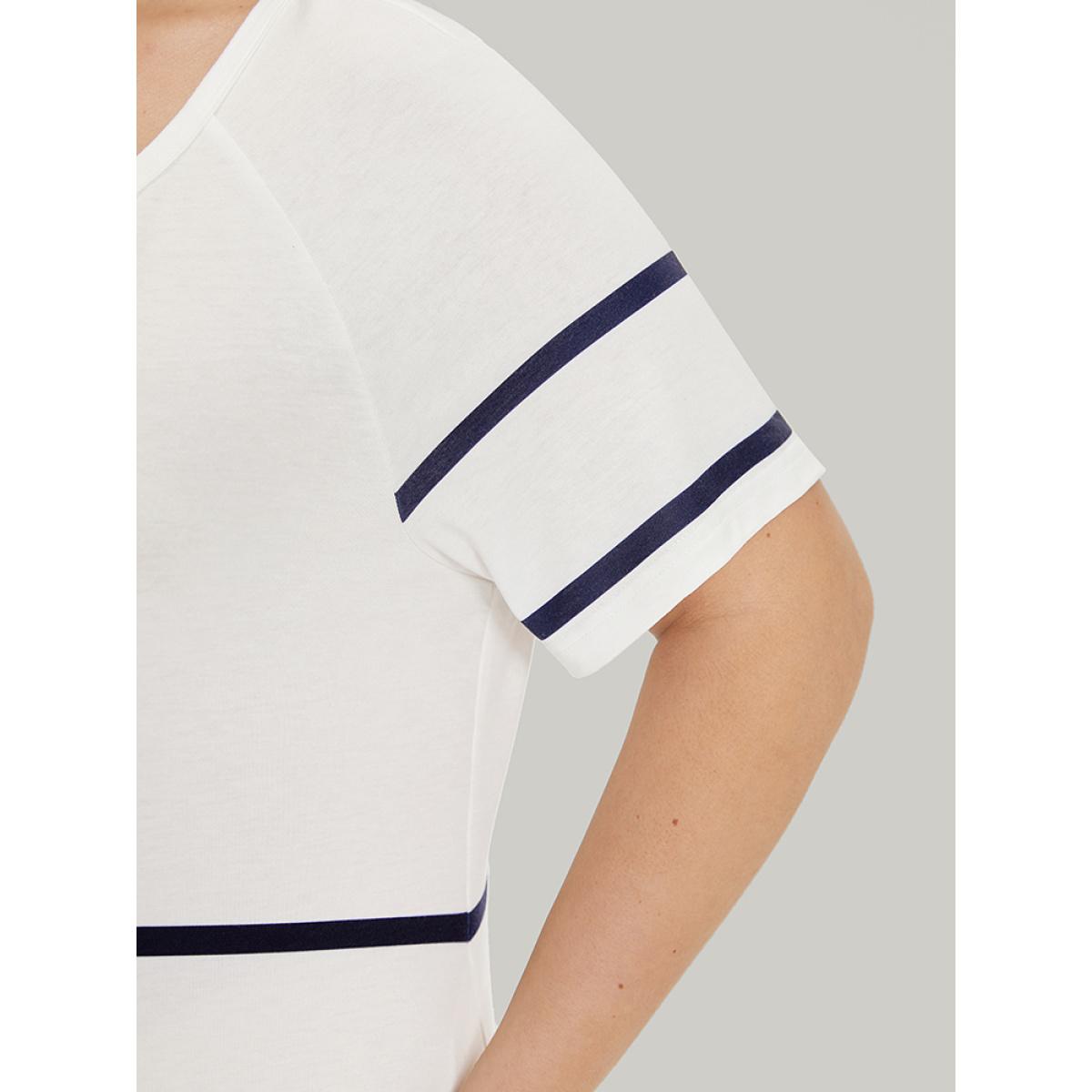 Plus Size Striped Button Through Pocket Raglan Sleeve Dress White Women Casual Contrast Round Neck Short sleeve Curvy Midi Dress BloomChic 28/5X Product Image