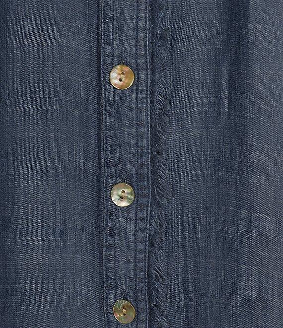 John Mark Wire Collar Roll-Tab 3/4 Sleeve Fringe Trim Button-Front Dress Product Image