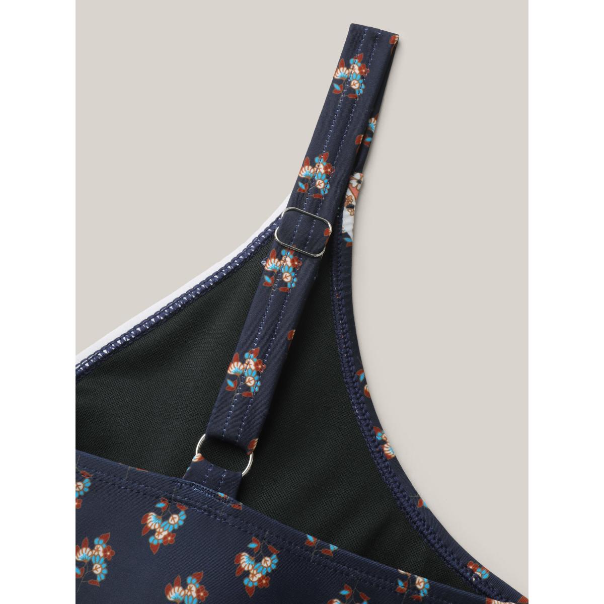 Plus Size Boho Print Surplice Neck Contrast Swim Dress Women's Swimwear DarkBlue Resort Bodycon Overlap Collar High stretch Curve Swim Dresses BloomChic 12/L Product Image