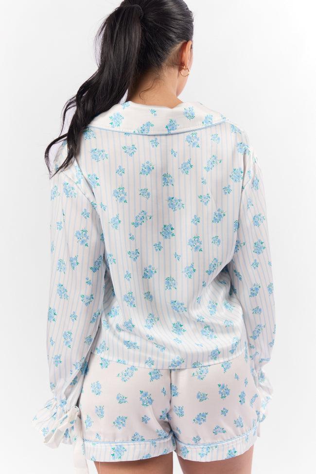 Sleep On My Side Blue Floral Satin Long Sleeve Pajama Top FINAL SALE Product Image
