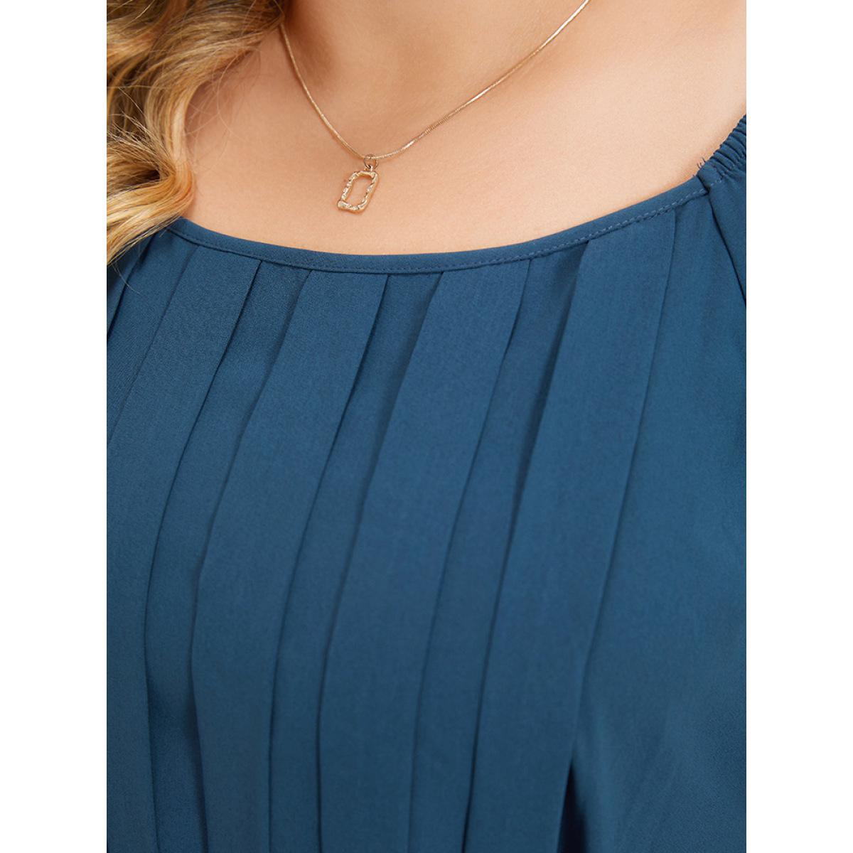 Plus Size Plain Pocket Belted Pleated Raglan Sleeve Dress Aegean Women Office Gathered Round Neck Short sleeve Curvy Midi Dress BloomChic 10/M Product Image