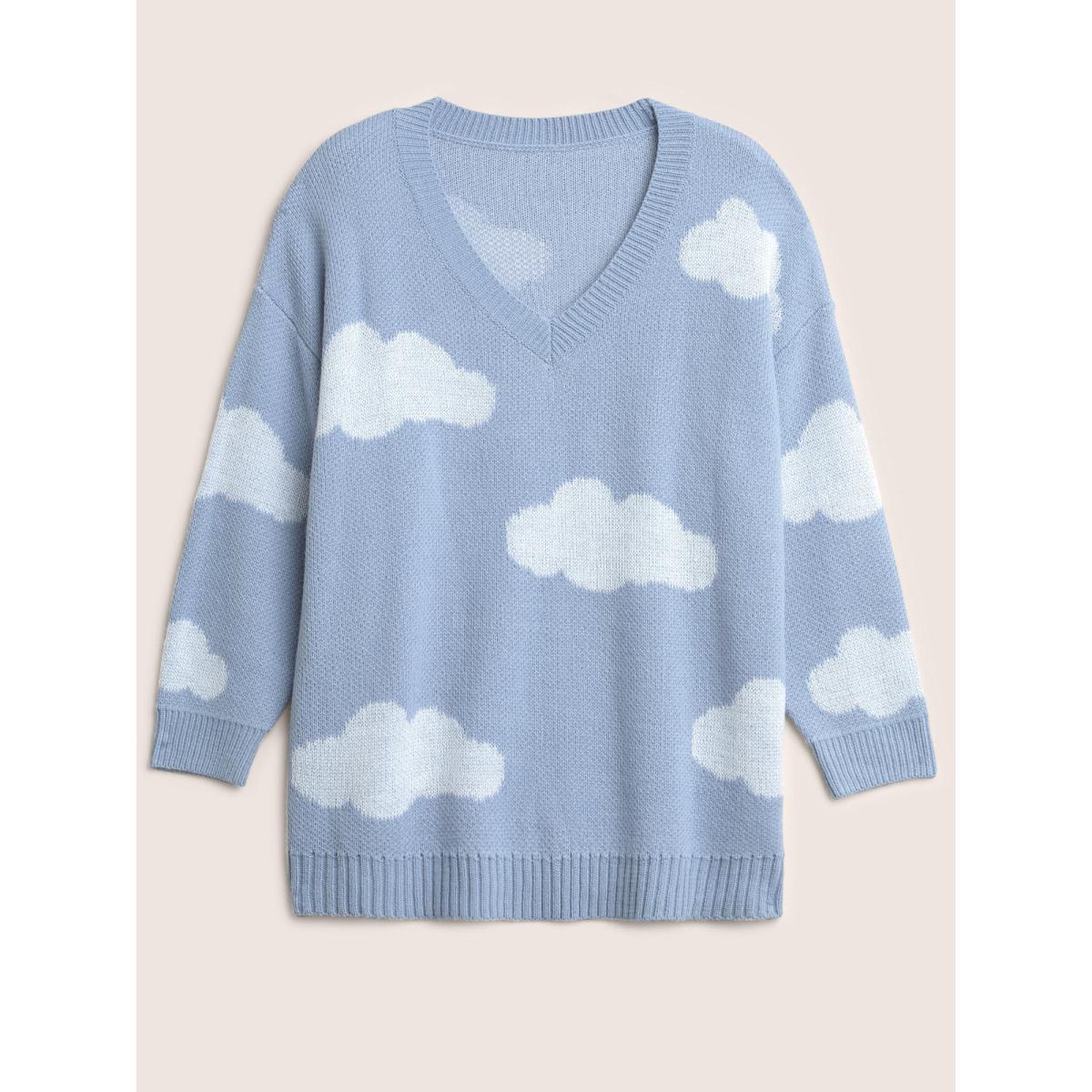 Plus Size Blue Sky White Clouds V Neck Pullover Stone Women Casual Long Sleeve V-neck Everyday Pullovers BloomChic 30/6X Product Image