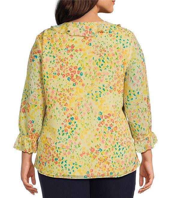 Investments Plus Size Riley Woven Sunshine Clustered Buds Cascading Ruffle V-Neck 3/4 Sleeve Top Product Image
