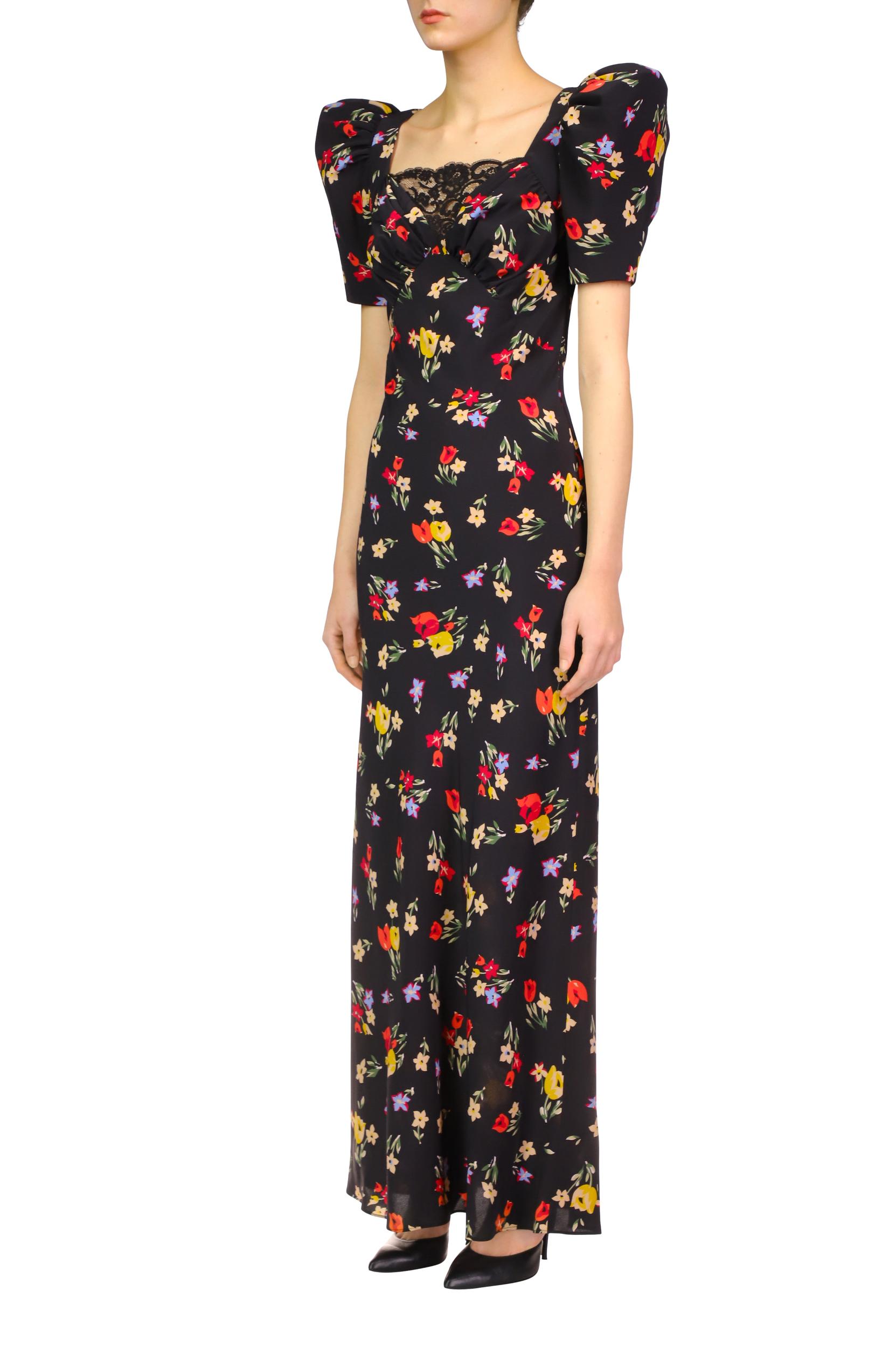 Black Floral Silk Short Sleeve Dress With Lace Detail Product Image