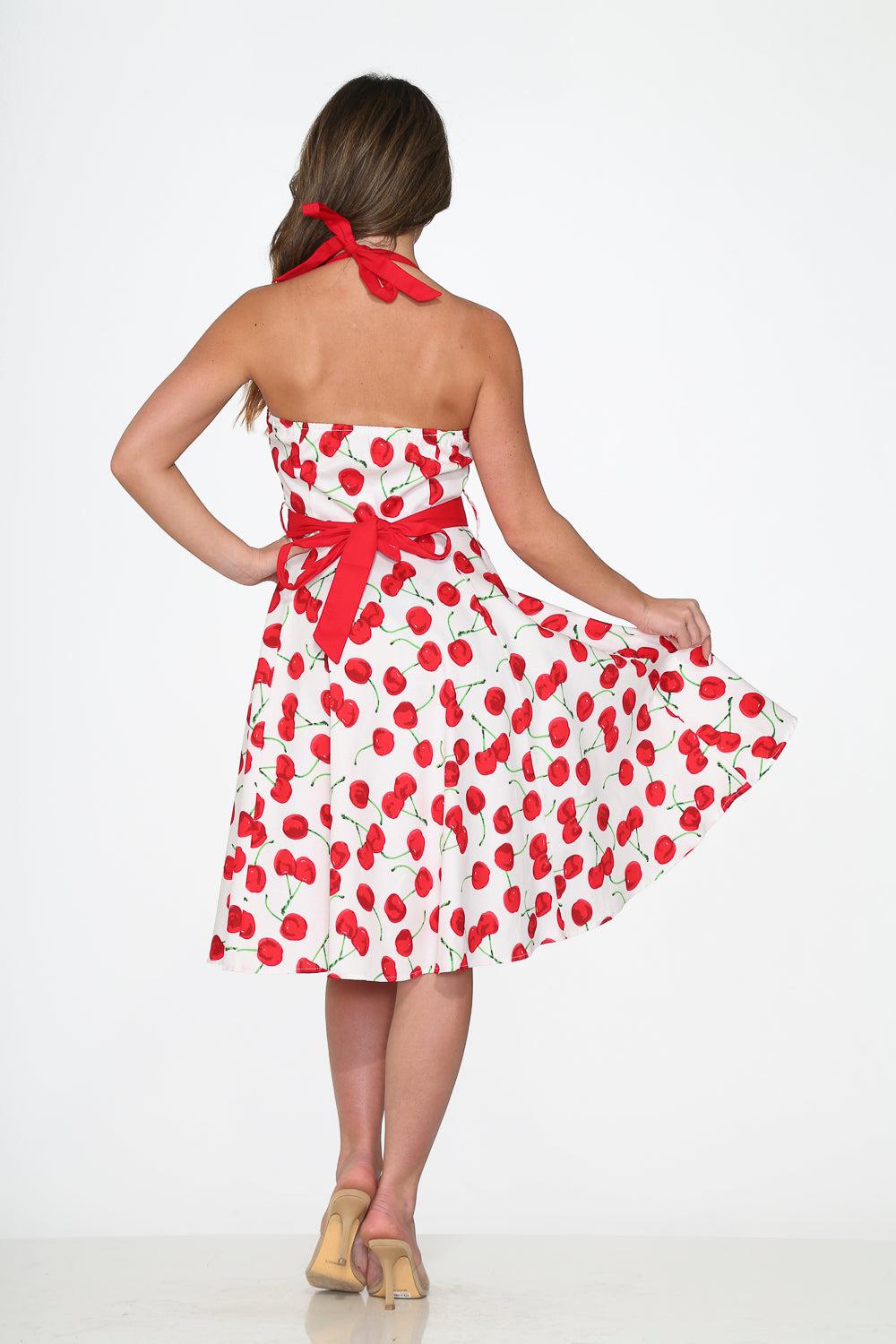 White Red Cherry Halter Swing Dress Product Image