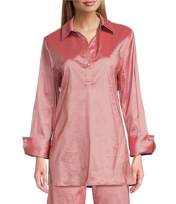 Preston & York Thea Taffeta Cuffed Long Sleeve Point Collar Button Front Blouse Product Image