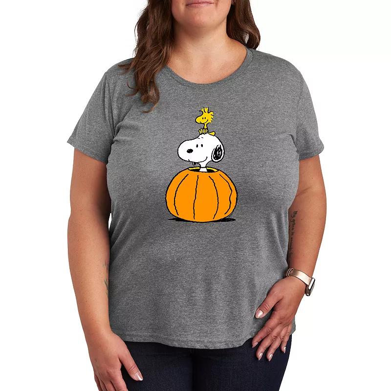 Plus Size Peanuts Snoopy & Woodstock Pumpkin Graphic Tee, Womens Grey Gray Product Image