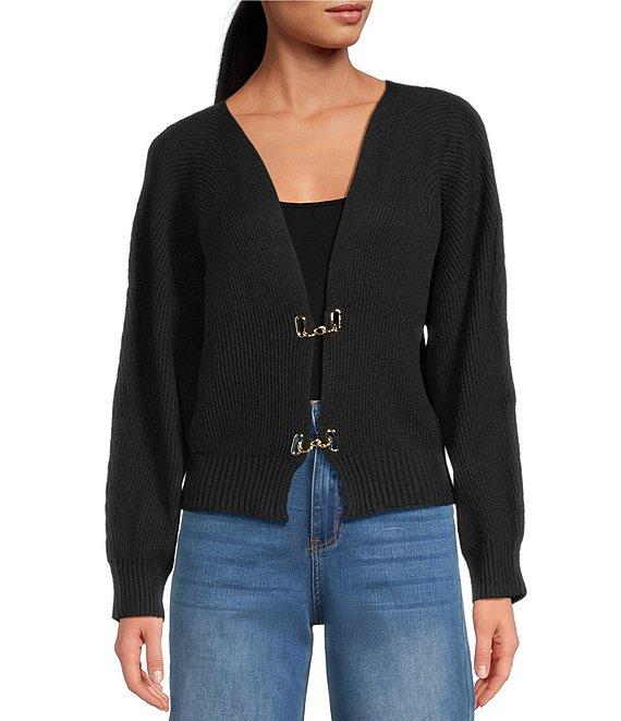 Sugarlips Ribbed Knit V-Neck Long Sleeve Front Hook Cardigan Product Image