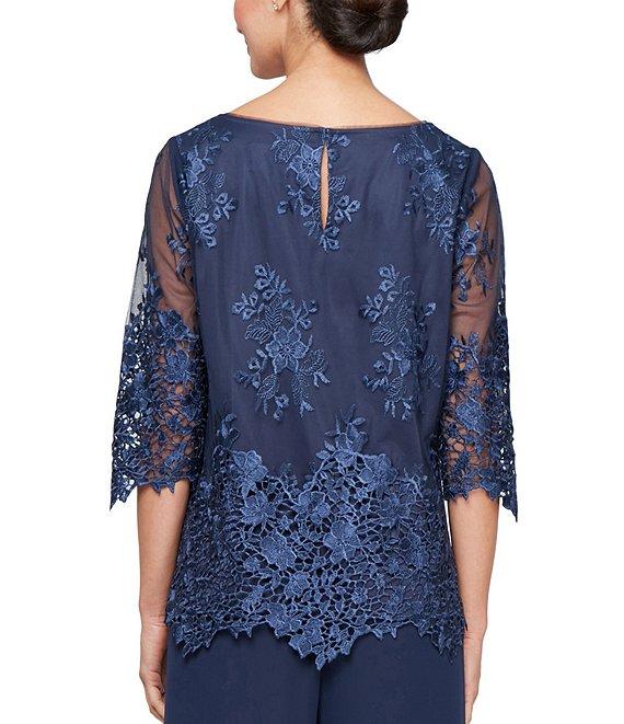 Alex Evenings Embroidered Stretch Tulle Scoop Neck 3/4 Sleeve Scallop Hem Blouse Product Image