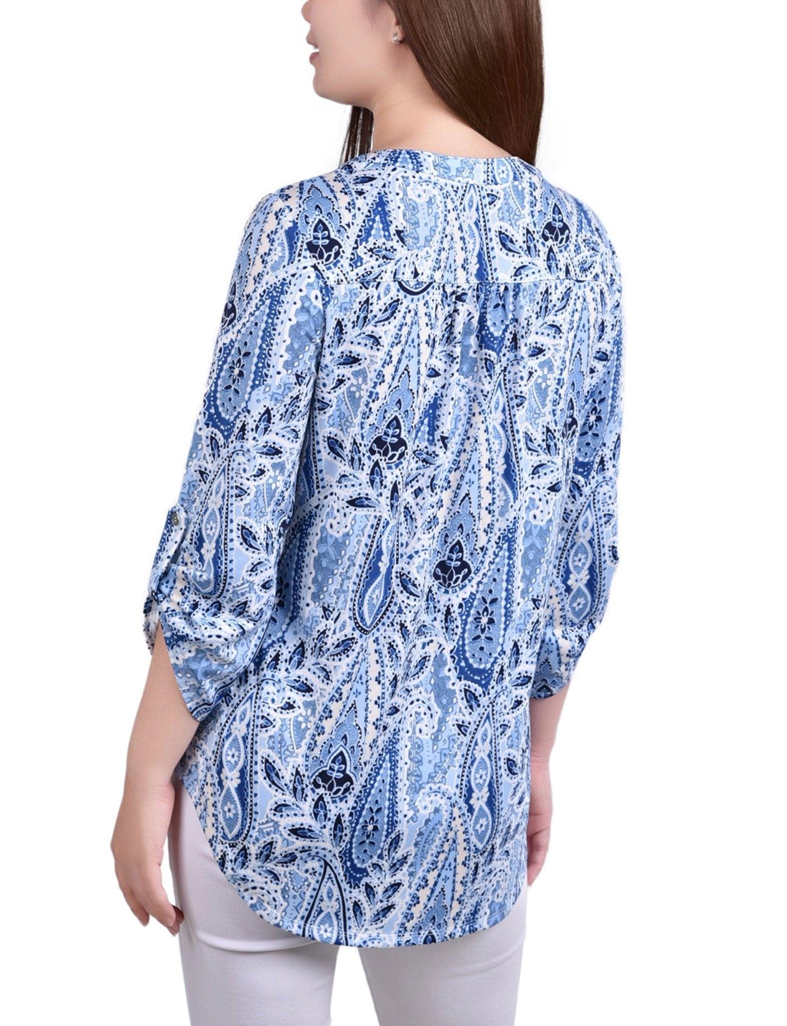 Navy Amoreduo 3/4 Bell Sleeve Pleat Front Y Neck Top Product Image