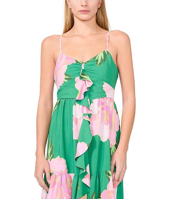 CeCe Floral Print V-Neck Sleeveless Tiered Ruffle Maxi A-Line Dress Product Image