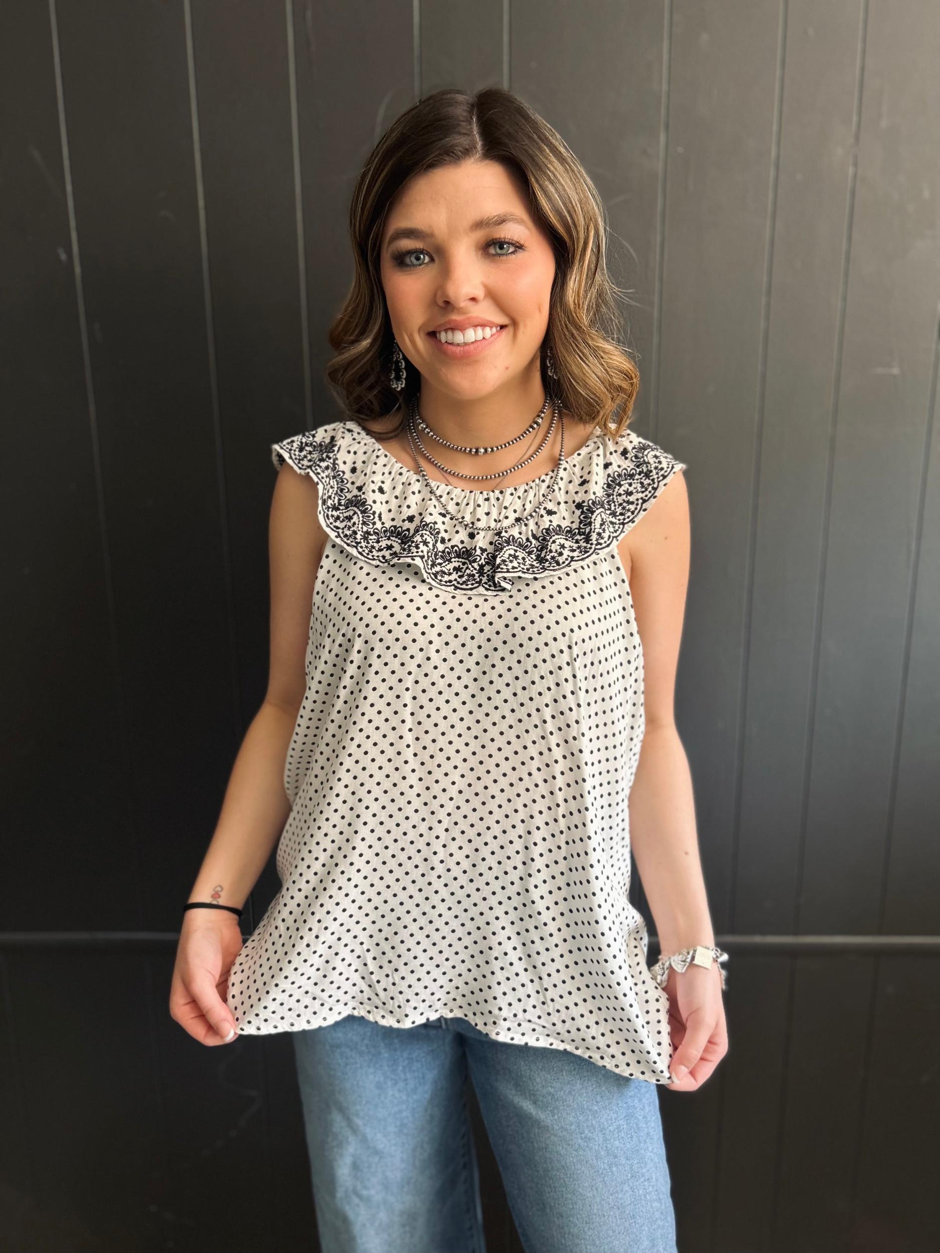Ivory & Black Dot Embroidered Floral Ruffle Top Product Image