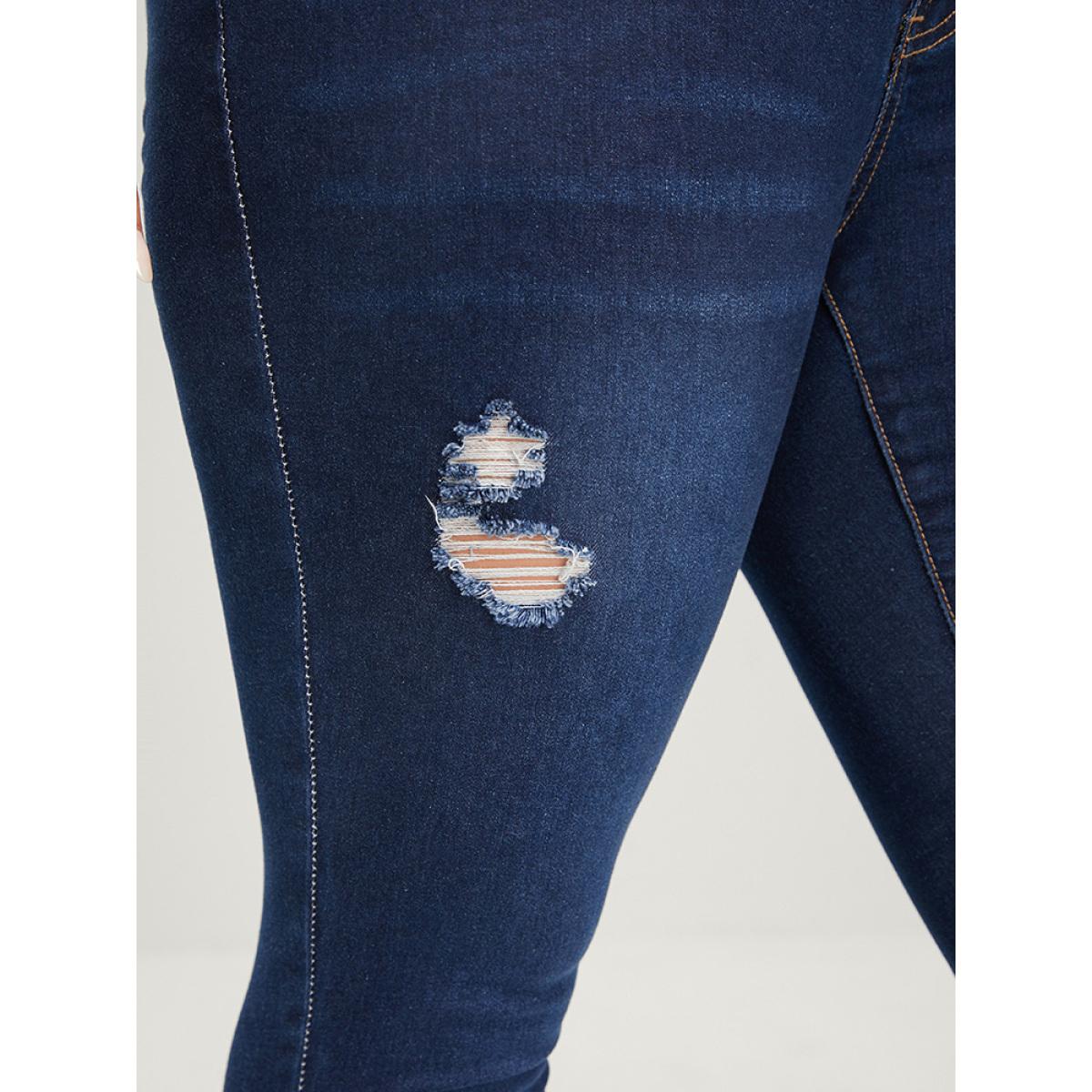 Plus Size Skinny Extremely Stretchy High Rise Dark Wash Distressed Jeans Women Blue Casual Plain Distressed High stretch Pocket Jeans BloomChic 24/3X Product Image