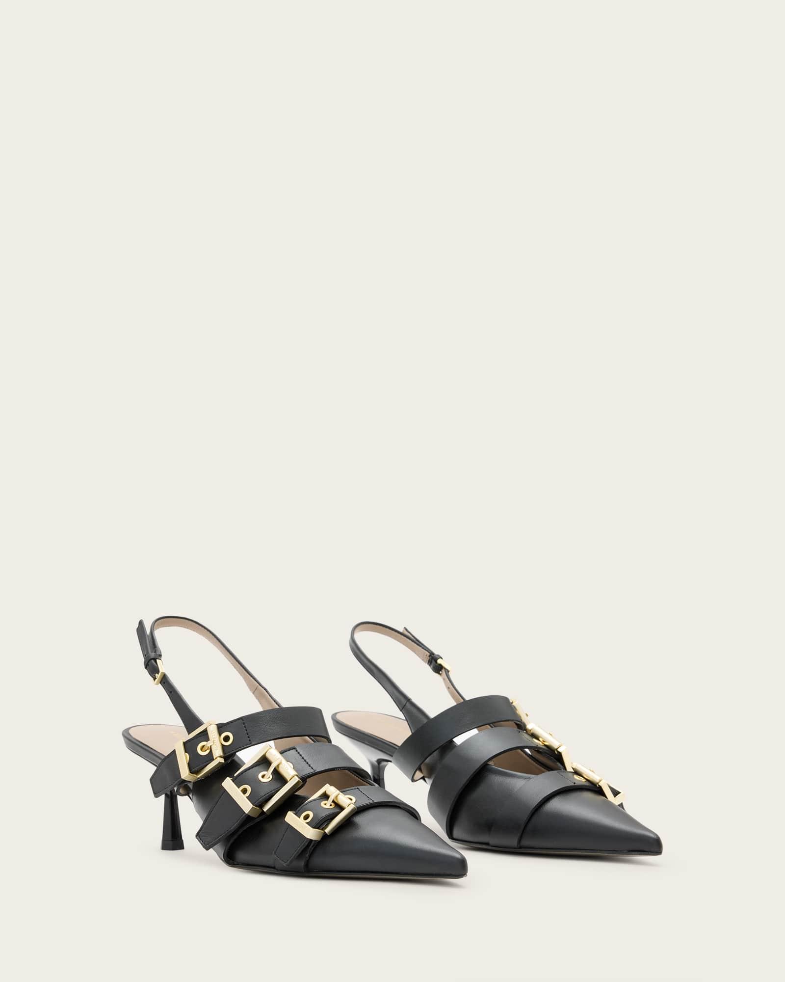 Vivian Leather Buckle Slingback Heels Black | ALLSAINTS US Product Image