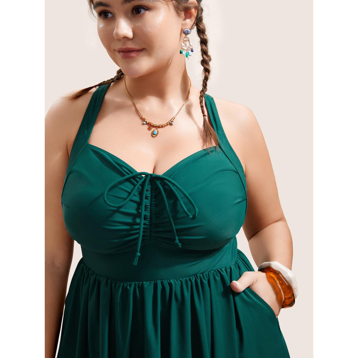 Plus Size Solid Pocket Ruched Drawstring Swim Dress Women's Swimwear DarkGreen Beach Bodycon Heart neckline High stretch Curve Swim Dresses BloomChic 26/4X Product Image