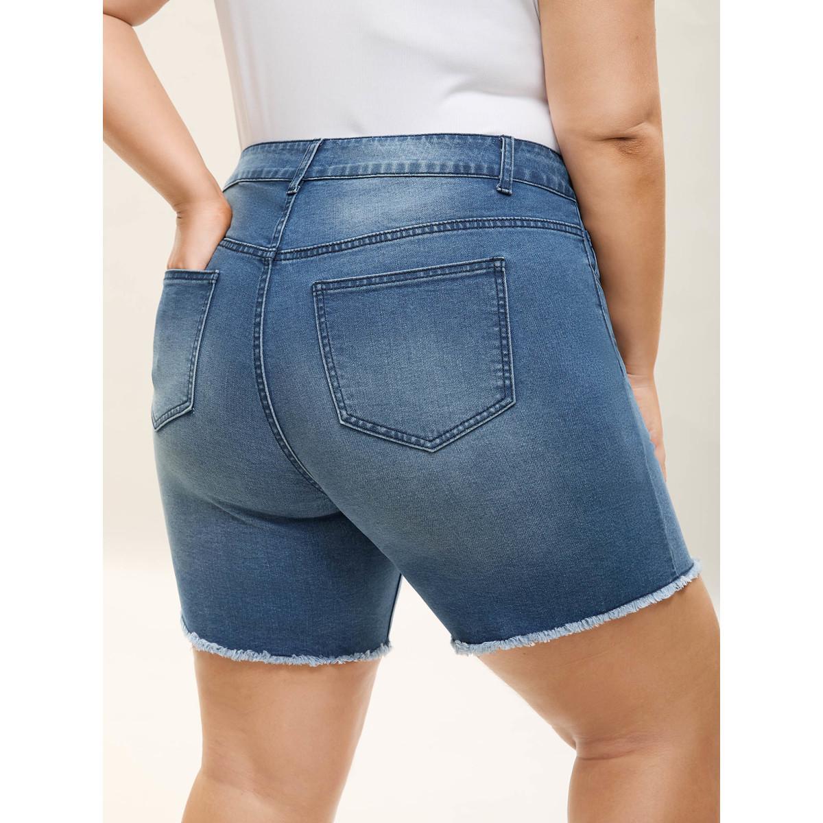 Plus Size Frayed Hem High Rise Denim Shorts Women Midblue Medium stretch Everyday-Casual Slanted pocket Denim Shorts BloomChic 16/1X Product Image