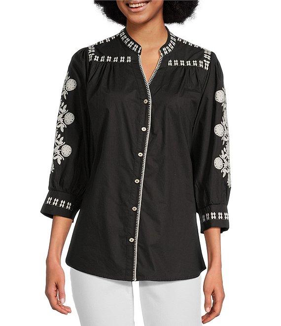 Calessa Embroidered Split V-Neck 3/4 Sleeve Button-Front Tunic Product Image
