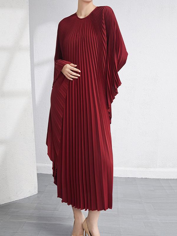 Batwing Sleeves Loose Pleated Solid Color Maxi Dresses Product Image