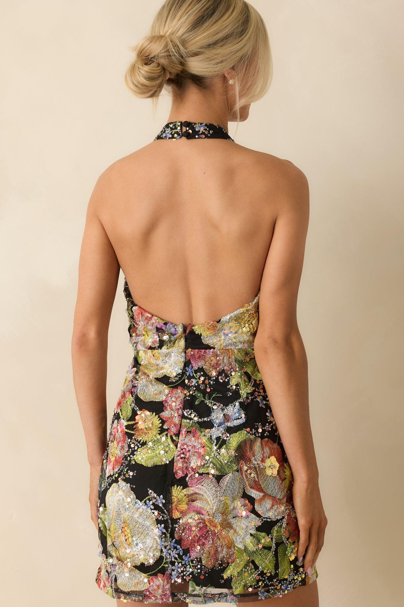 Daring To Bloom Black Multi Floral Sequined Halter Mini Dress L / Black Product Image