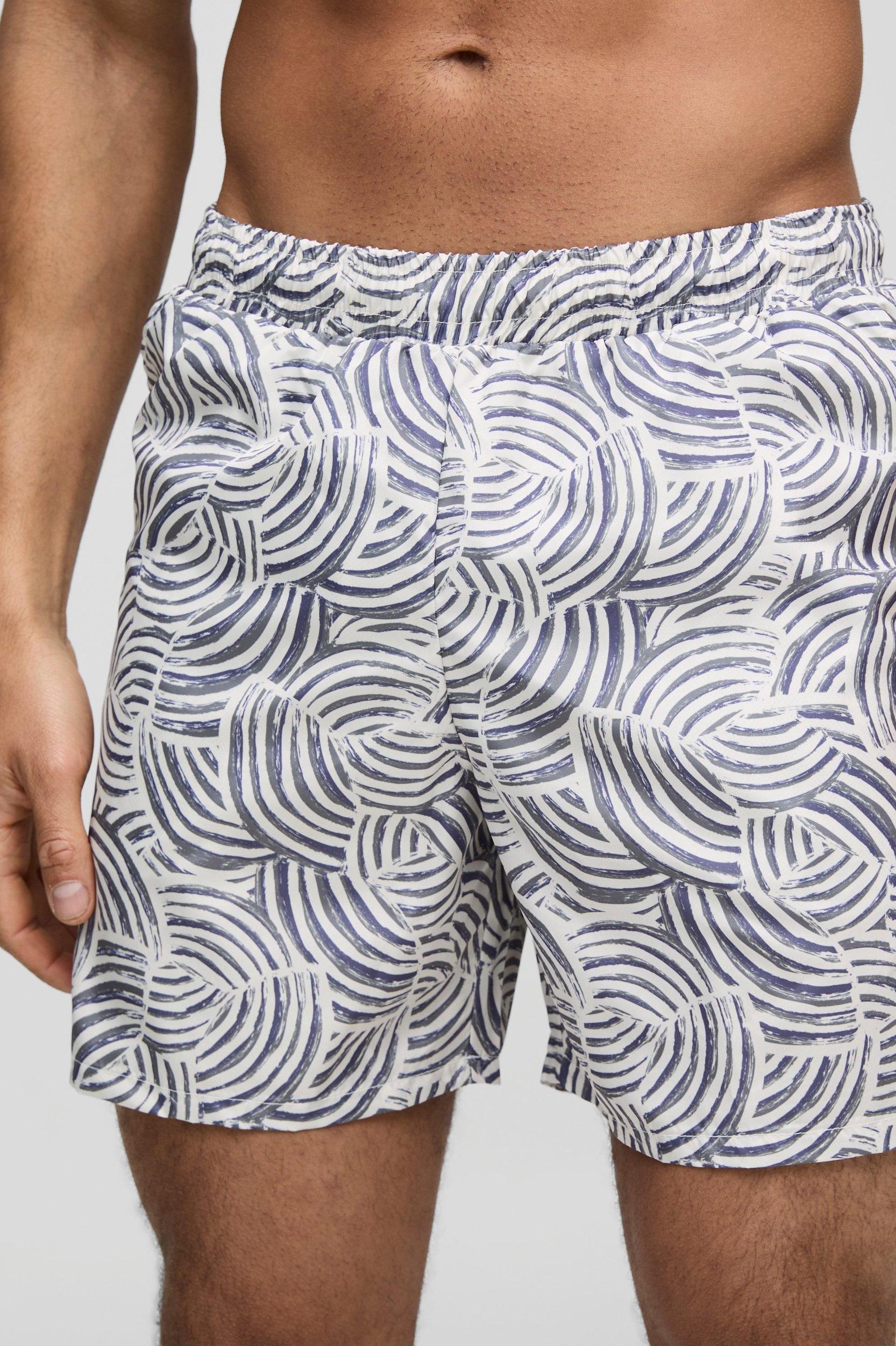 Pattern Printed Mid Length Swim Trunks | boohooMAN USA Product Image