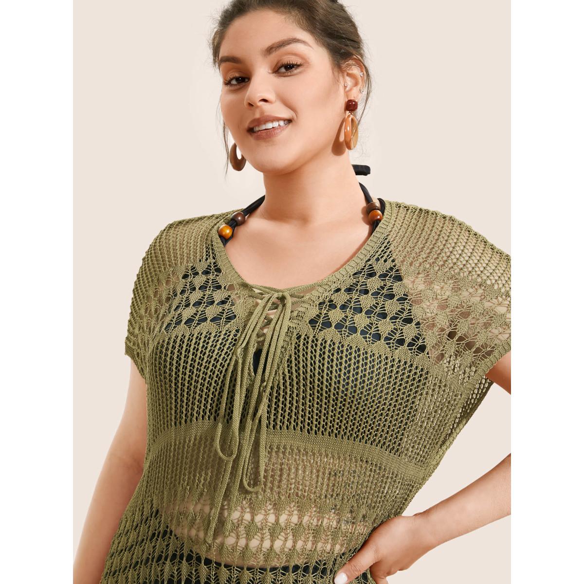 Plus Size Solid Cut Out See Through Lace Up Swim Cover Up Women's Swimwear Olive Beach Tie knot Curve Swim Cover Ups BloomChic 18-20/2X Product Image