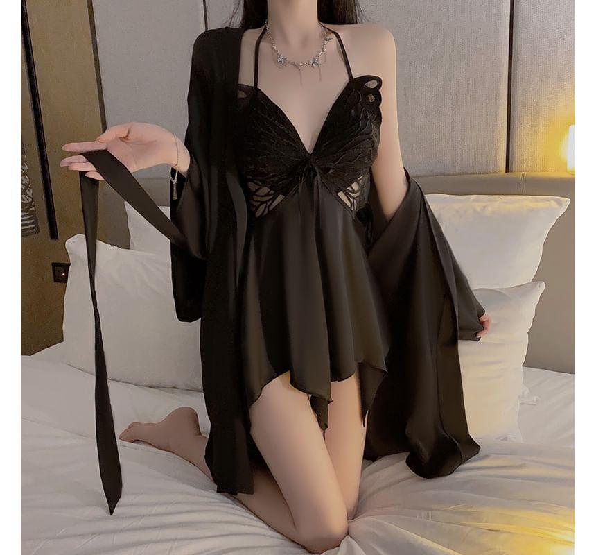 Halter Butterfly Patterned Nightdress / Plain Tie Front Robe Product Image