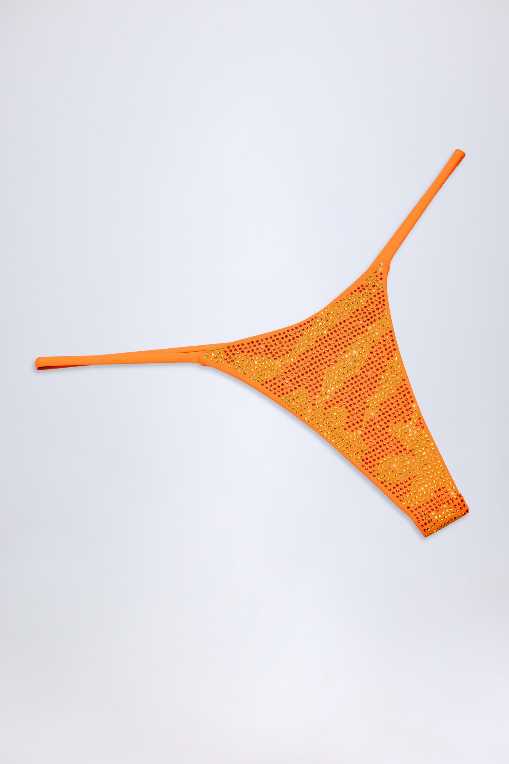 Embellished Thong Bikini Bottoms in Orange Tropical Print Product Image