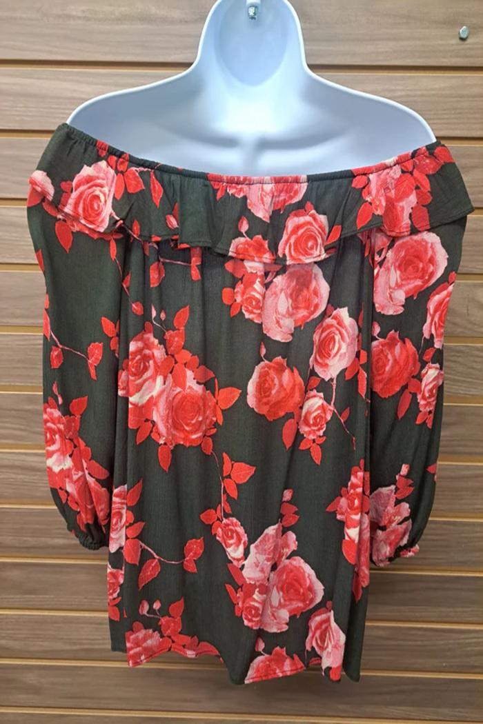 Roses On Black Ruffle Off Shoulder Blouse Product Image