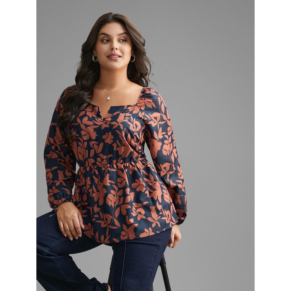 Plus Size Indigo Notched Silhouette Floral Print Lantern Sleeve Blouse Women Elegant Long Sleeve Notched collar Everyday Blouses BloomChic 22-24/3X Product Image