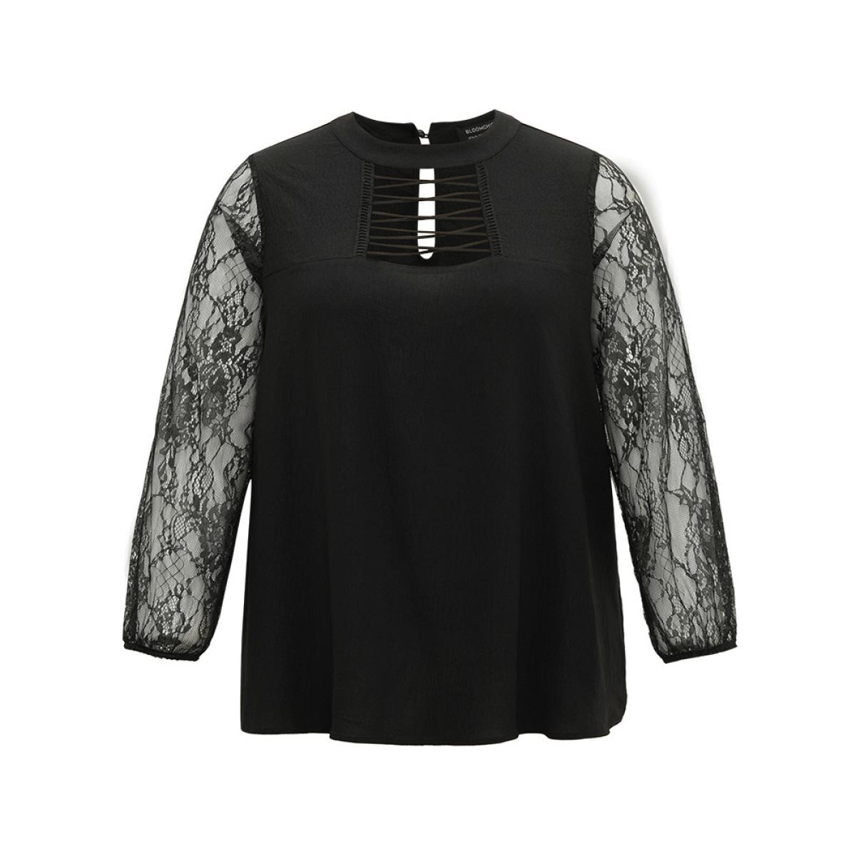 Plus Size Black Halloween Eyelet Lace Cut Out Mesh Blouse Women Elegant Long Sleeve Keyhole Cut-Out Festival-Halloween Blouses BloomChic 28/5X Product Image