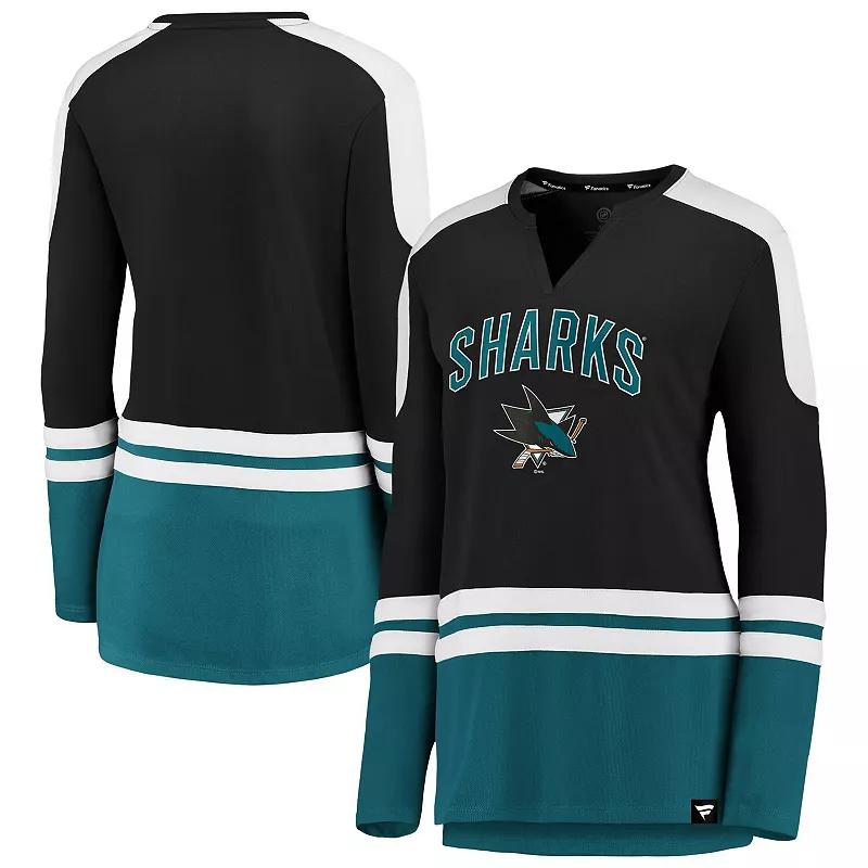 Womens Fanatics Branded Black/Teal San Jose Sharks Iconic Slapshot Long Sleeve Notch Neck T-Shirt Product Image
