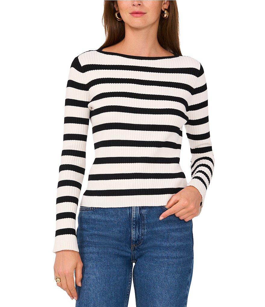 Vince Camuto Striped Ribbed Knit Boat Neck Long Sleeve Top Product Image