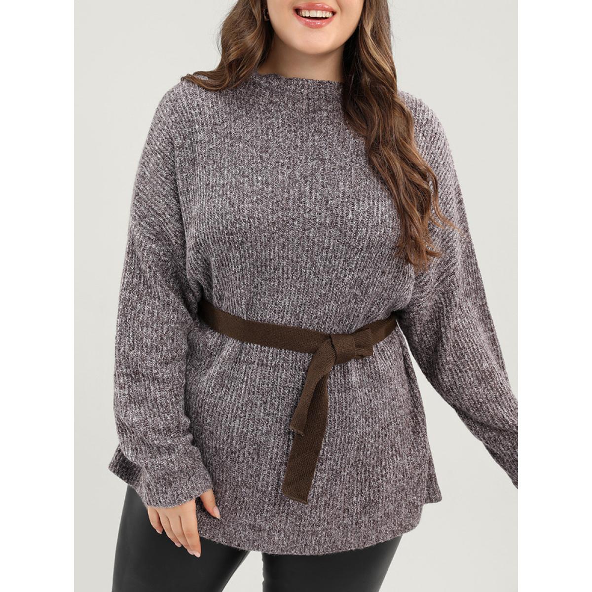 Plus Size Solid Pointelle Knit Mock Neck Belted Heather Knit Top Brown Women Casual Long Sleeve Mock Neck Dailywear Pullovers BloomChic 28/5X Product Image