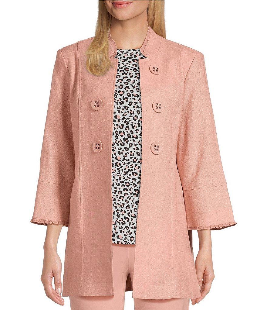 Multiples Linen-Blend Stand Collar 3/4 Flounce Sleeve Open Front Jacket Product Image